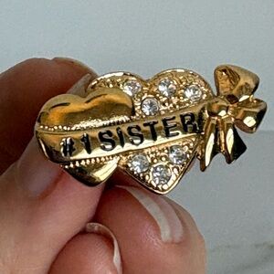 Vintage Avon #1 Sister Heart Ribbon Brooch Gold Tone Rhinestones Gift NIB